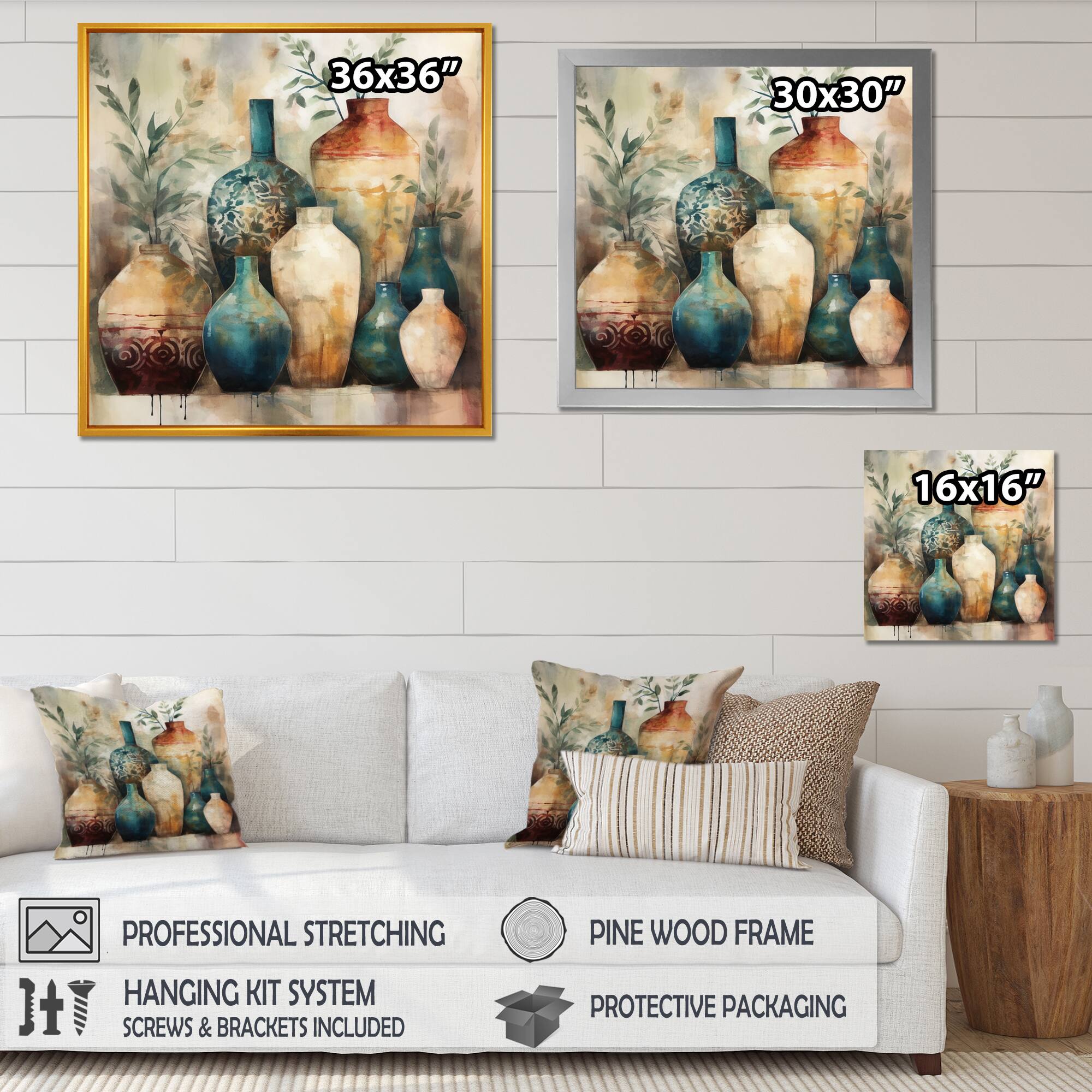 Designart "Green And Orange Artisanal Boho Pottery I" Boho Pottery Framed Canvas Art Print